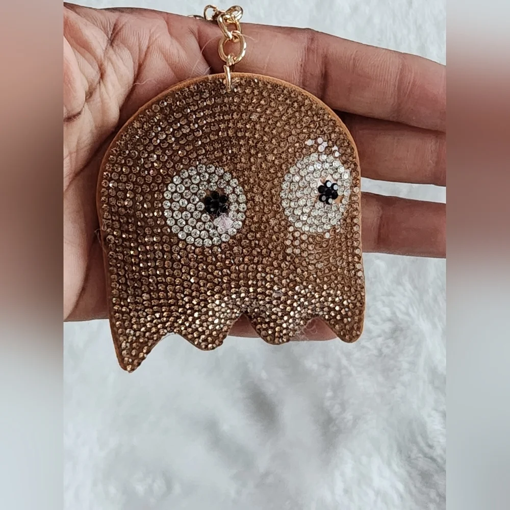 Pacman Brown Ghost Rhinestone Keychain Video Game Bag Charm